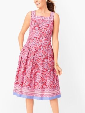 100% Cotton TALBOTS Medallion Fit & Flare Red & Blue Paisley Print Dress Size 6
